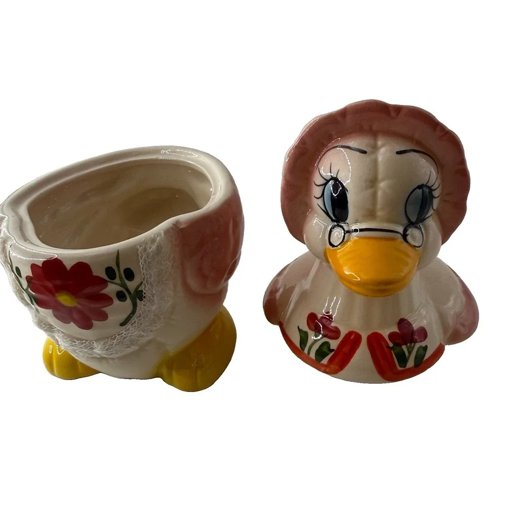 Vintage Duck Canister Cookie Jar Country Cottage Ceramic Mom Dad Ducks Lace Set